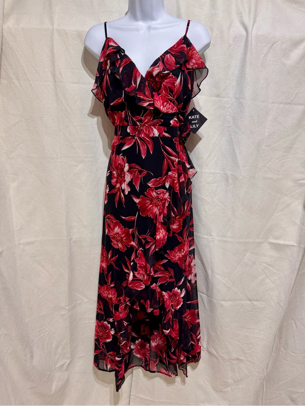 Kate & Lily Cascading Flutter Ruffle Dress Red Black Floral Asymmetrical Hem 14